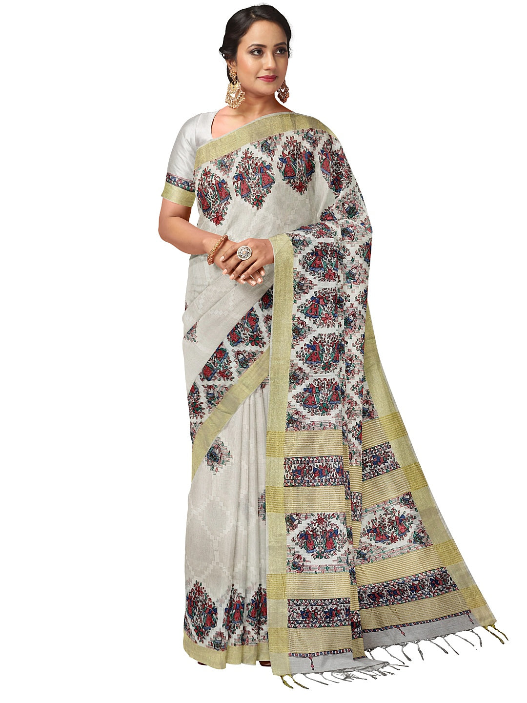 Handpainted Madhubani Kota Silk Saree in White with Zari Border